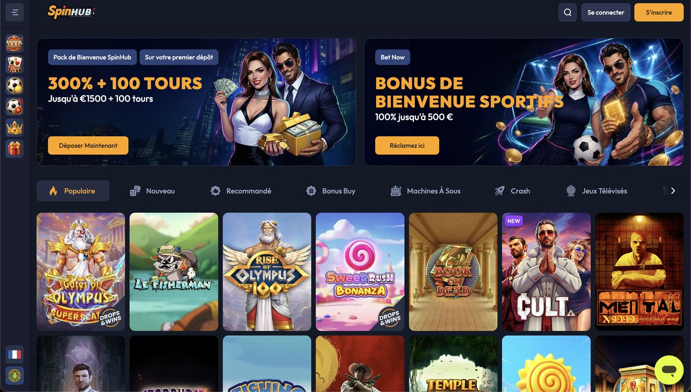 Page d’accueil de SpinHub Casino avec le bonus de bienvenue