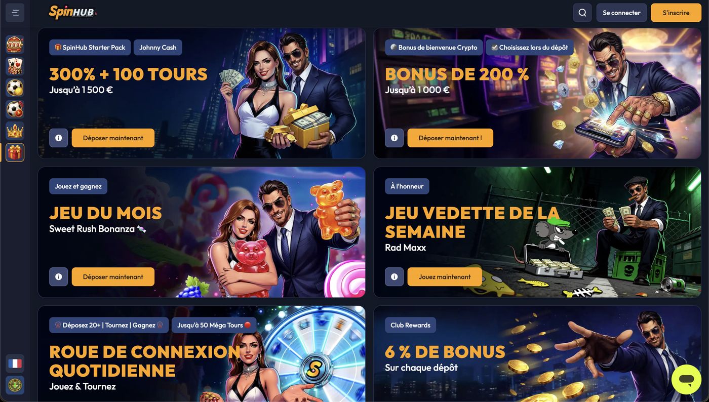 Offres et promotions de bienvenue SpinHub Casino